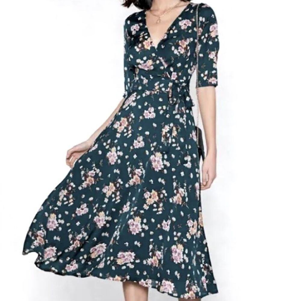 Nasty Gal Faux Wrap Green Floral Print V-Neck Midi Dress Size 2